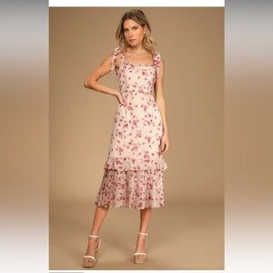 Terrace Views Taupe Floral Print Tiered Midi Dress
